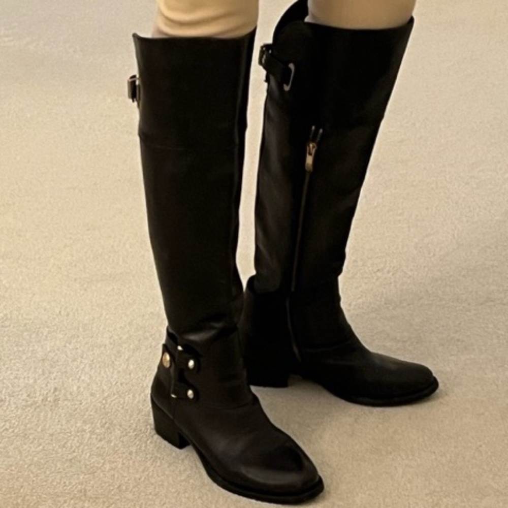 Vince Camuto Black Leather Over the Knee Riding Boot with Gold Hardware